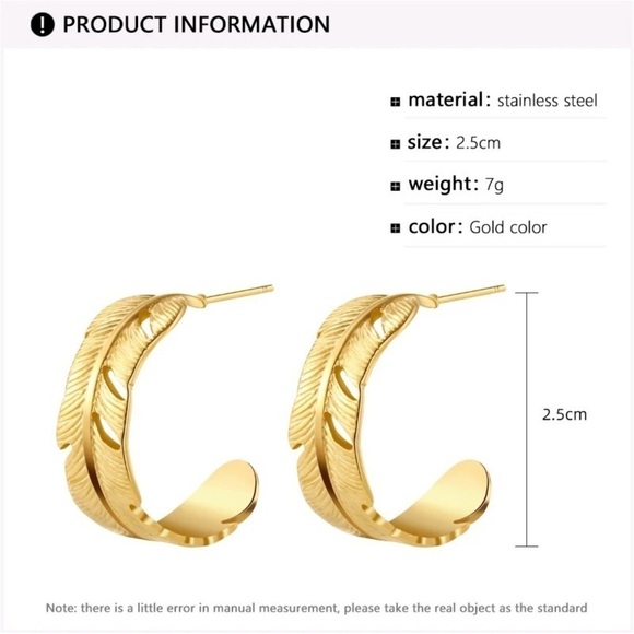 18k Gold Plated Feather C Shape Earrings - Picture 5 of 8